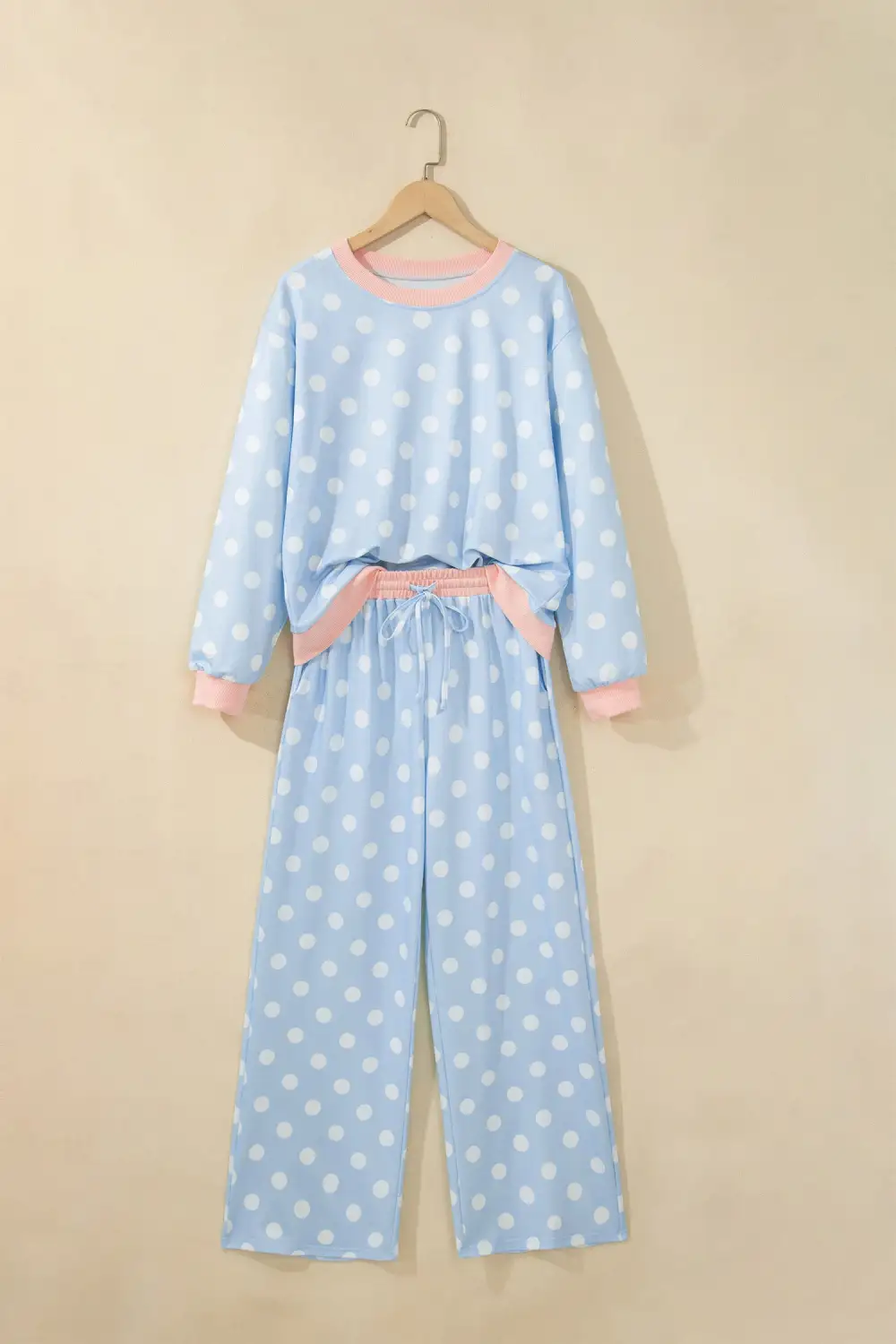 Women's Polka Dot Contrast Trim Long Sleeve Top Drawstring Shift Pants Set