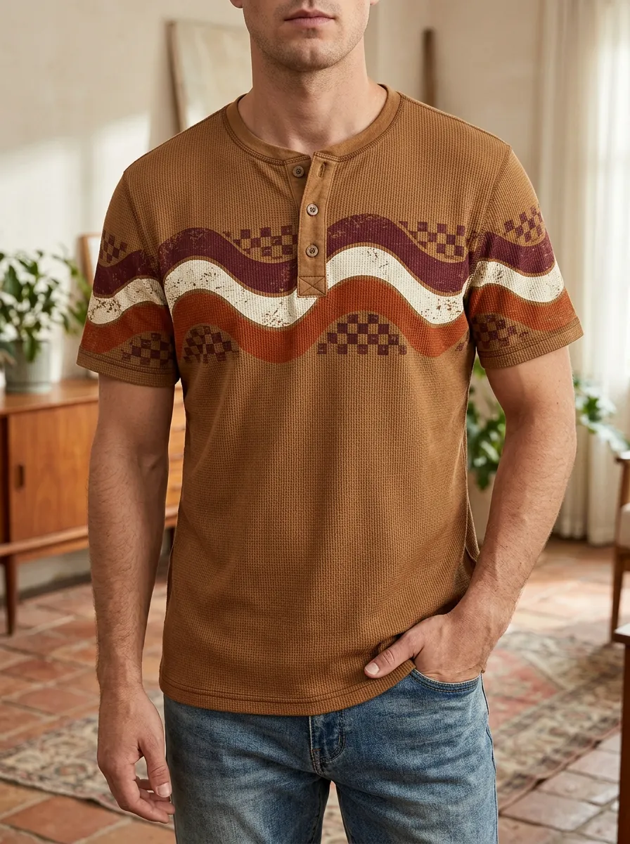 Men's Modern Retro Wavy Checkered Henley T-Shirt