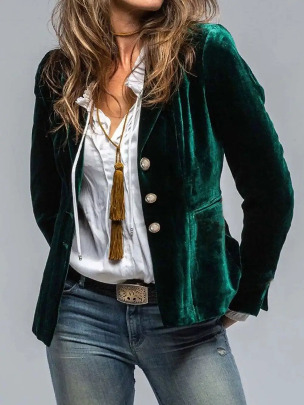 Button-Up Lapel-Collar Velvet Blazer