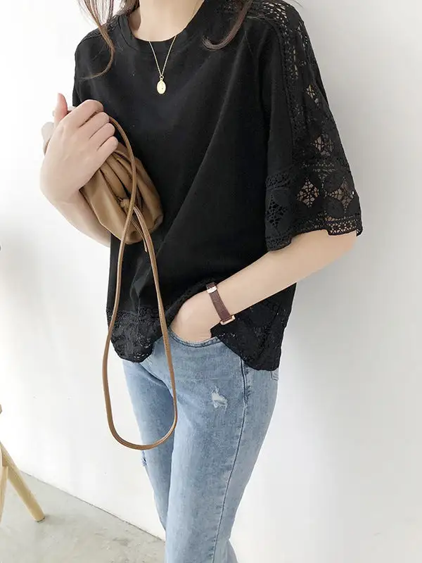 Half Sleeve Relaxed Cutout Panel Detail Round Neck T-Shirt