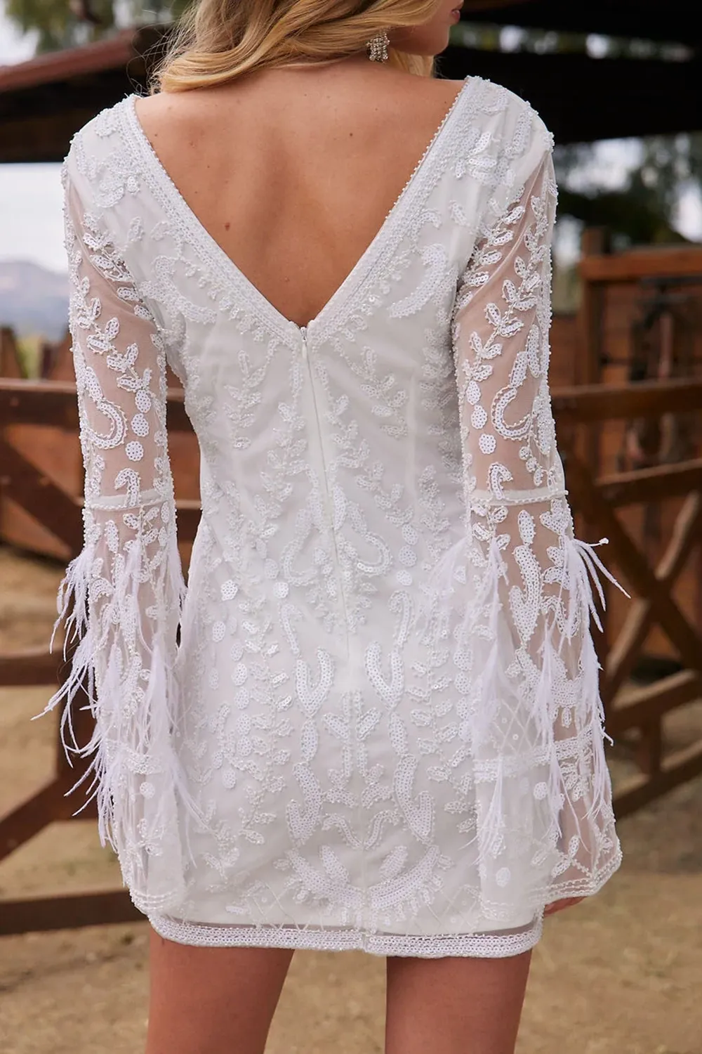 White Printed Sequin Long Sleeve Dress