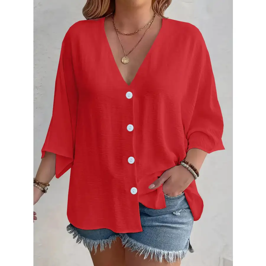 Full Size Casual V Neck Button Down Relaxed Fit Blouse Plus Size