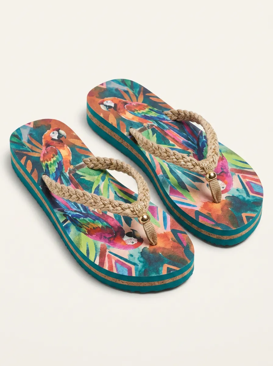 Women's Tropical Parrot Jungle Printed Flip Flops