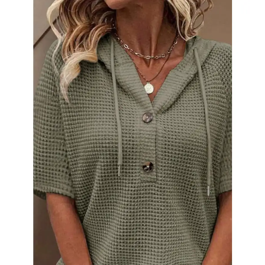 Waffle Knit Hooded Short Sleeve Blouse
