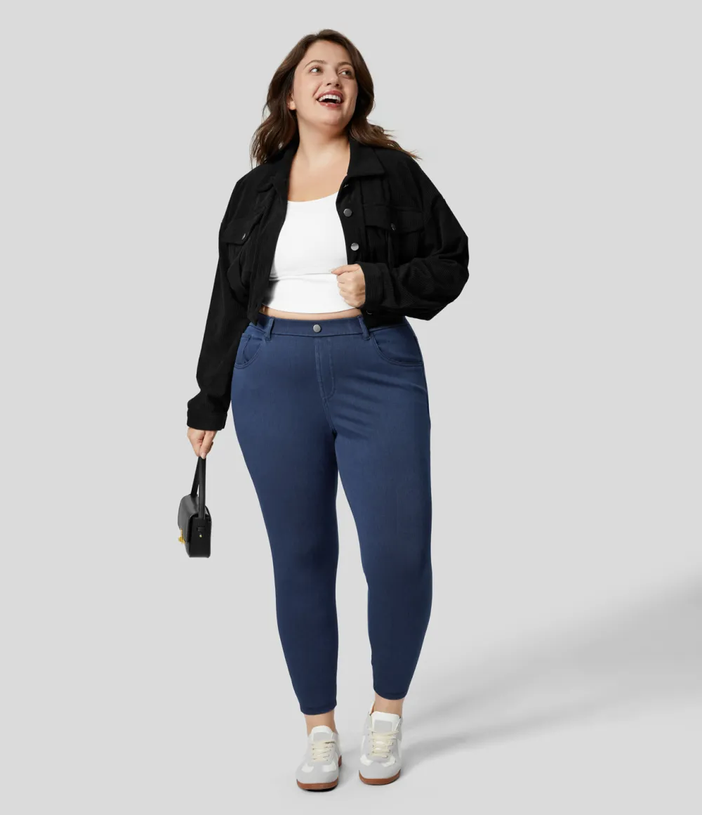 Magic High Waisted Multiple Pockets Stretchy Knit Denim Work 7/8 Plus Size Leggings