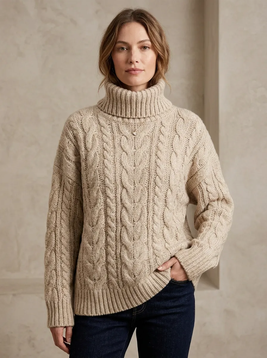 Women's Casual Ribbed Long-Sleeve Cable-Knit Turtleneck Sweater