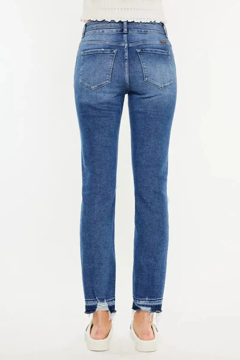 Textured High Waist Straight Leg Distressed Denim Jeans