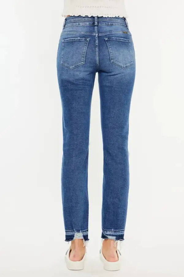 Textured High Waist Straight Leg Distressed Denim Jeans