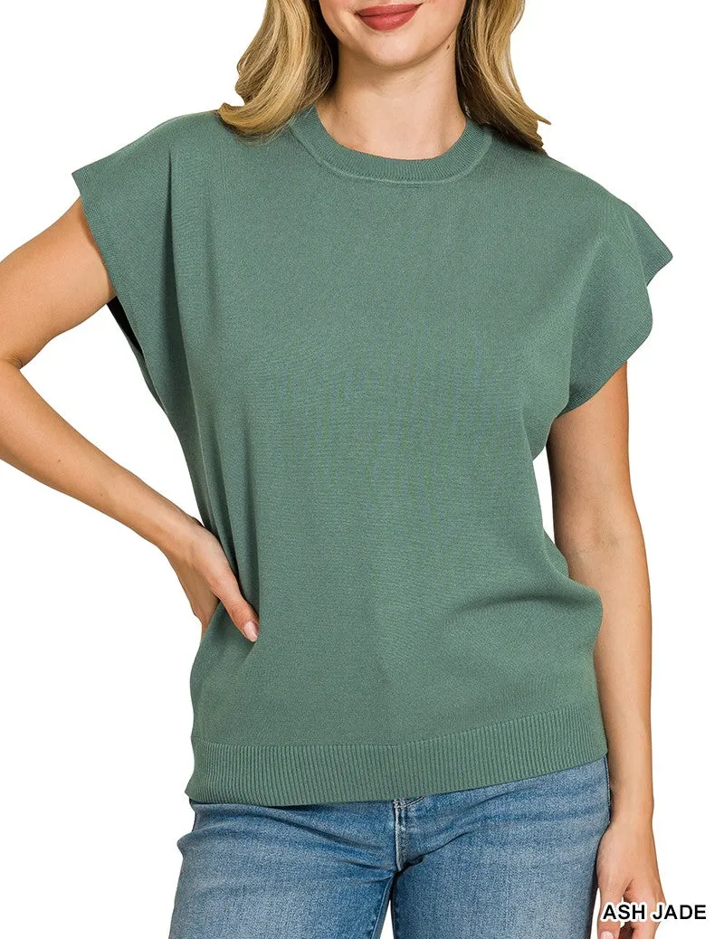 Ribbed Viscose Round Neck Short Sleeve Sweater Top