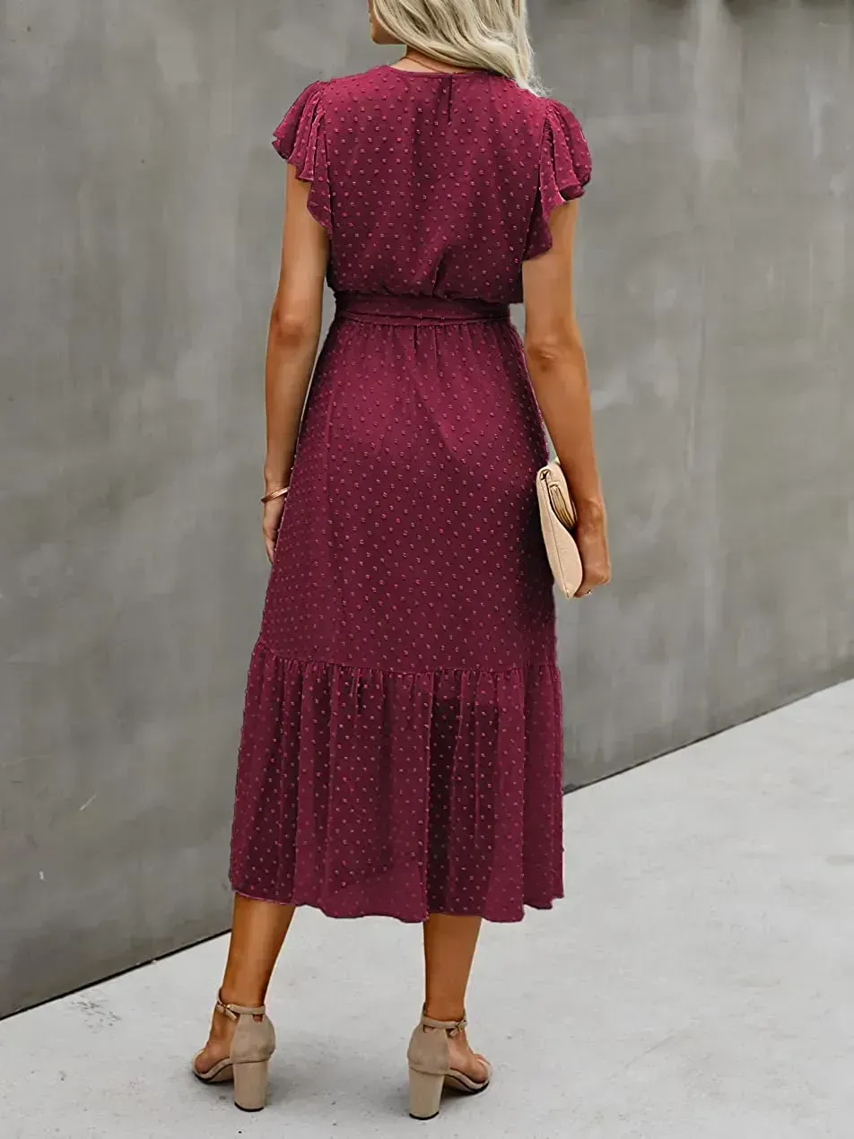 Women Summer Bohemian Floral Casual Wrap V Neck Ruffle Cap Sleeveless Belt A-Line Pleated Hem Swing Midi Sun Dress