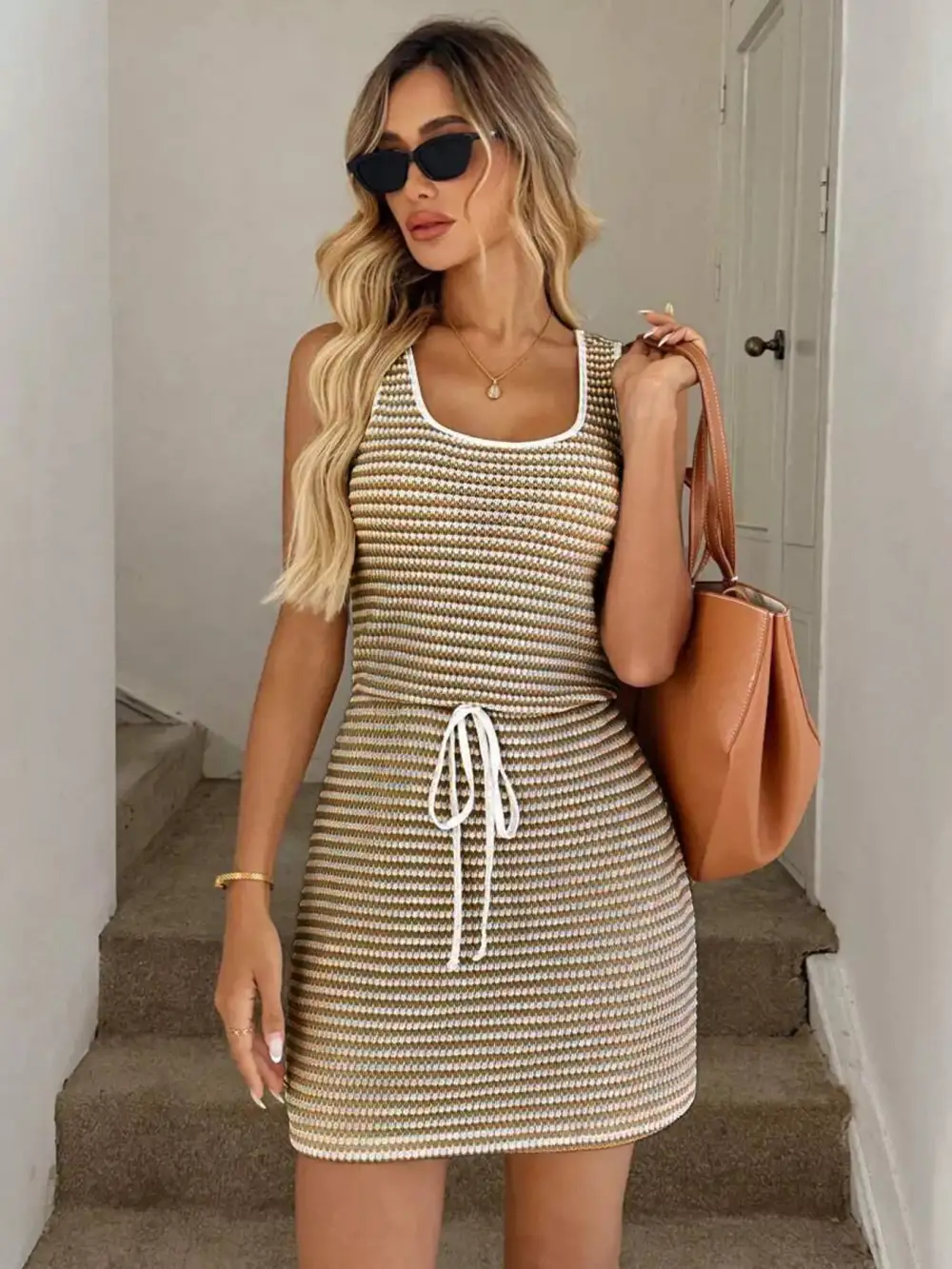 Striped Knit Drawstring Mini Dress