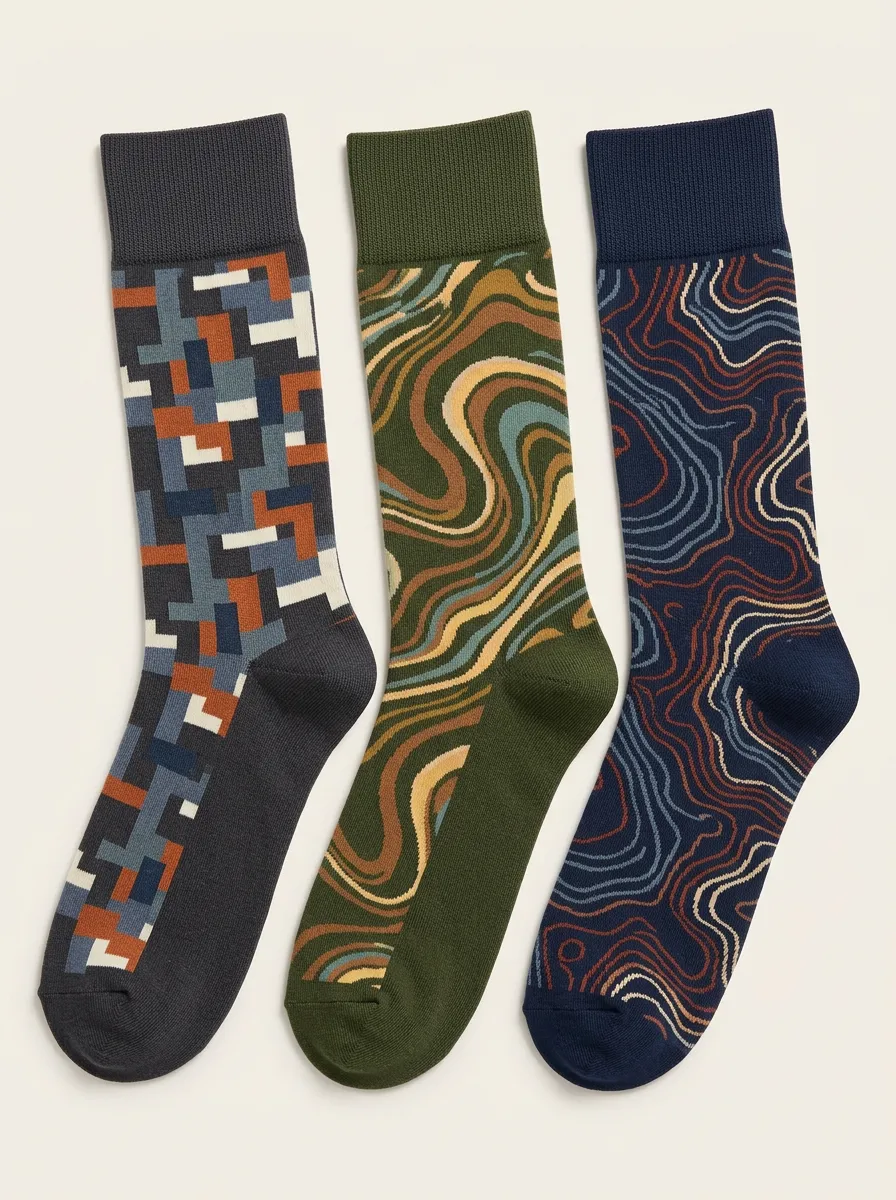 Men's Geometric Swirl Topographic Printed Three Pack Socks