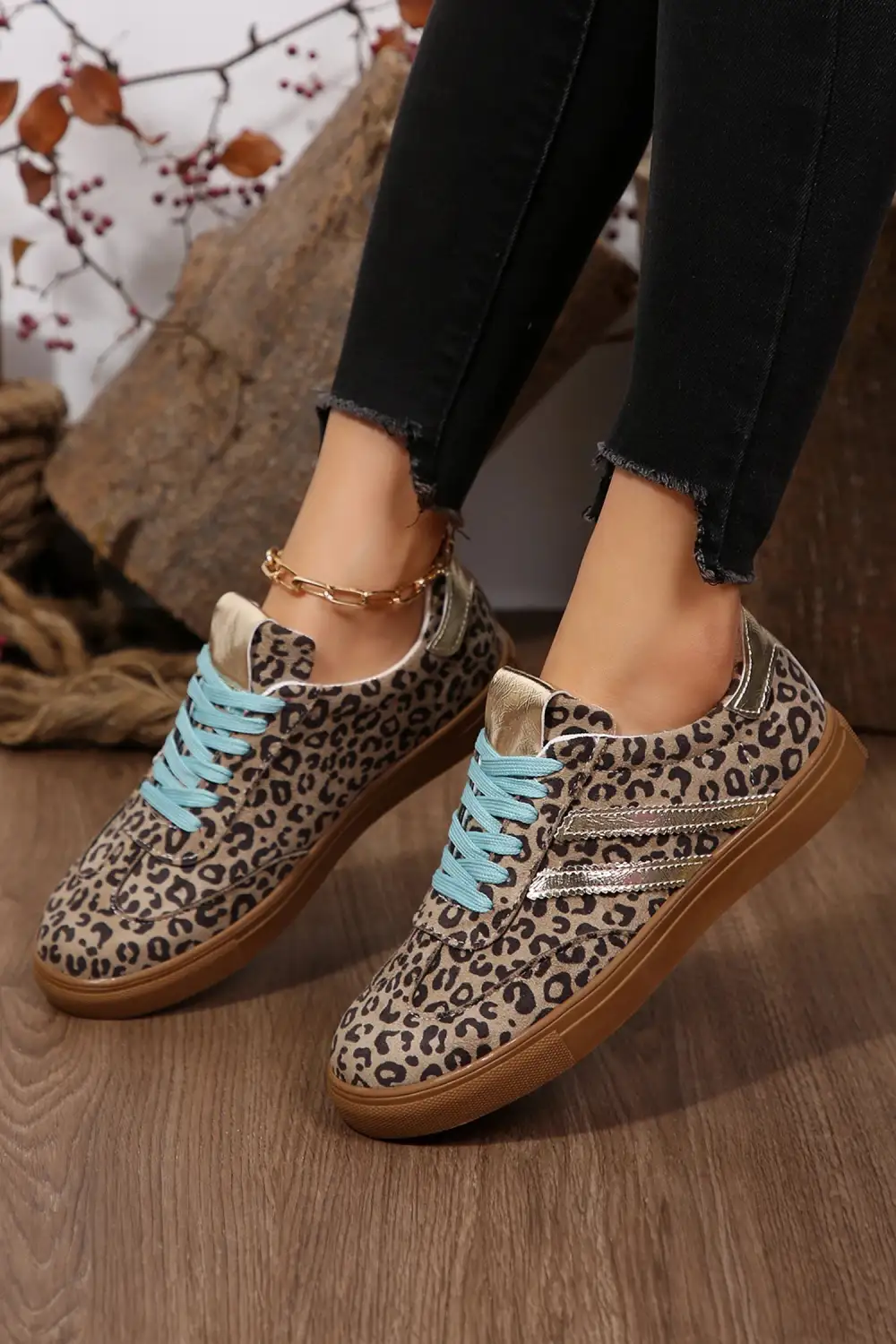 Leopard Faux Suede Leather Lace-Up Casual Sneakers