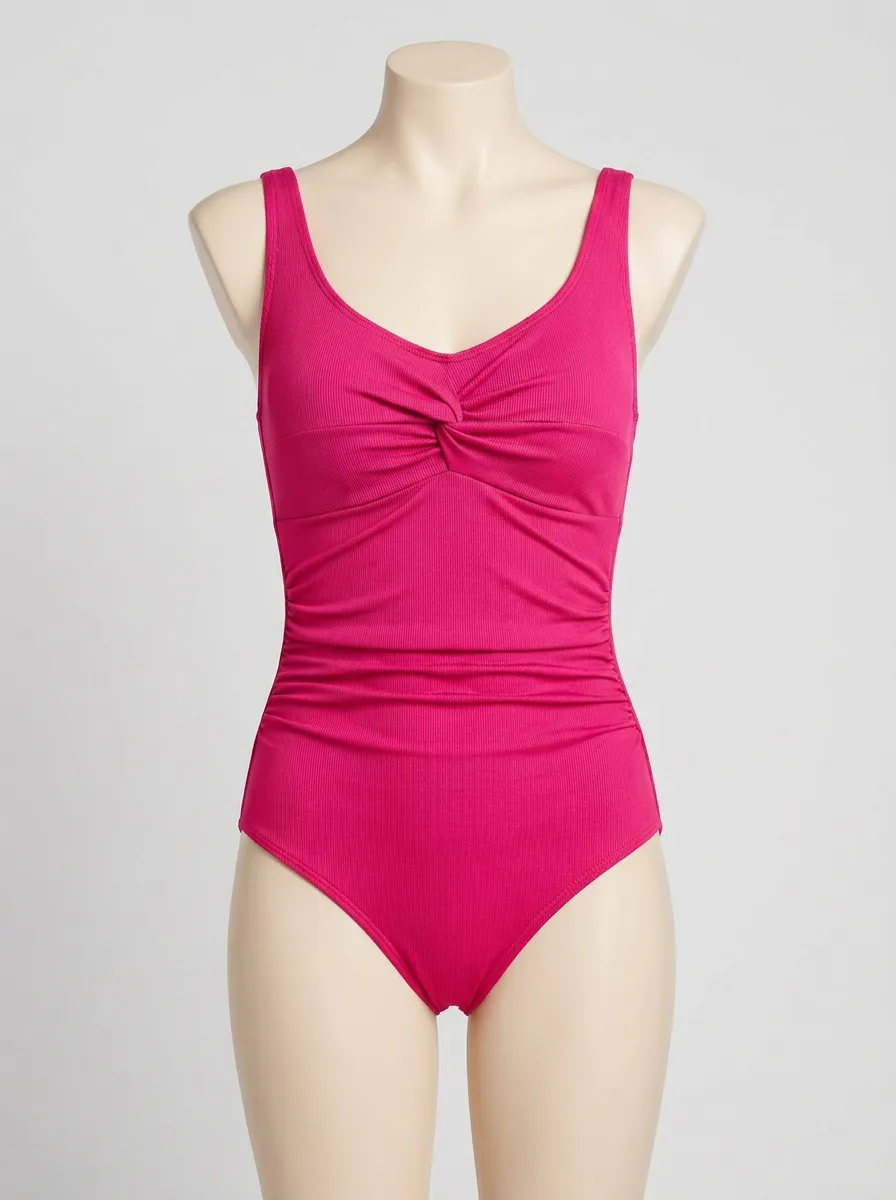 Classic Ribbed Twist-Front Ruched One-Piece Swimsuit