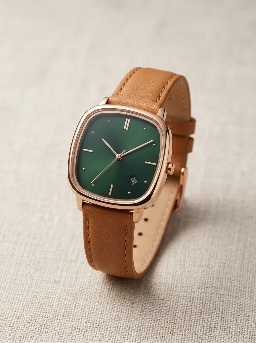 Unisex Minimalist Green Dial Tan Leather Strap Analog Watch