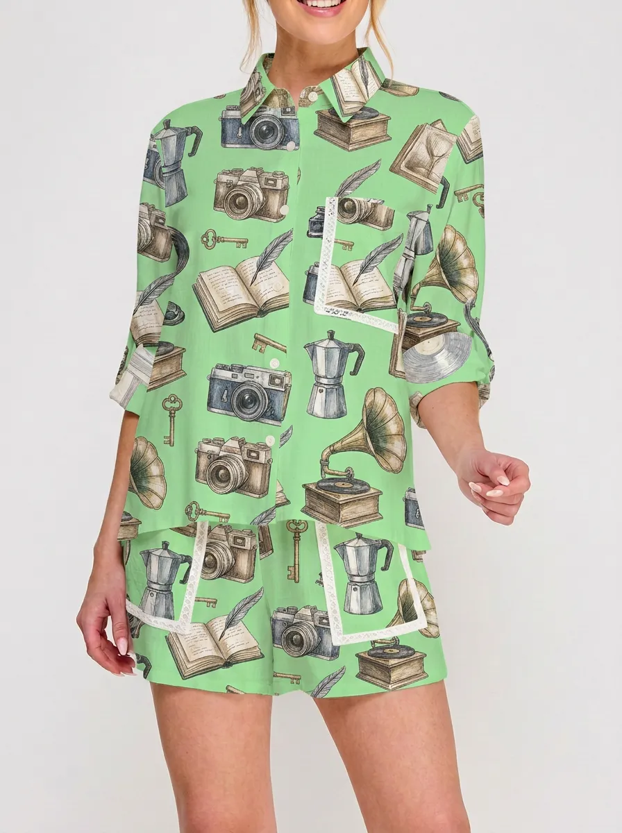 Women's Vintage Hobby Lover Camera Book Printed Shirt