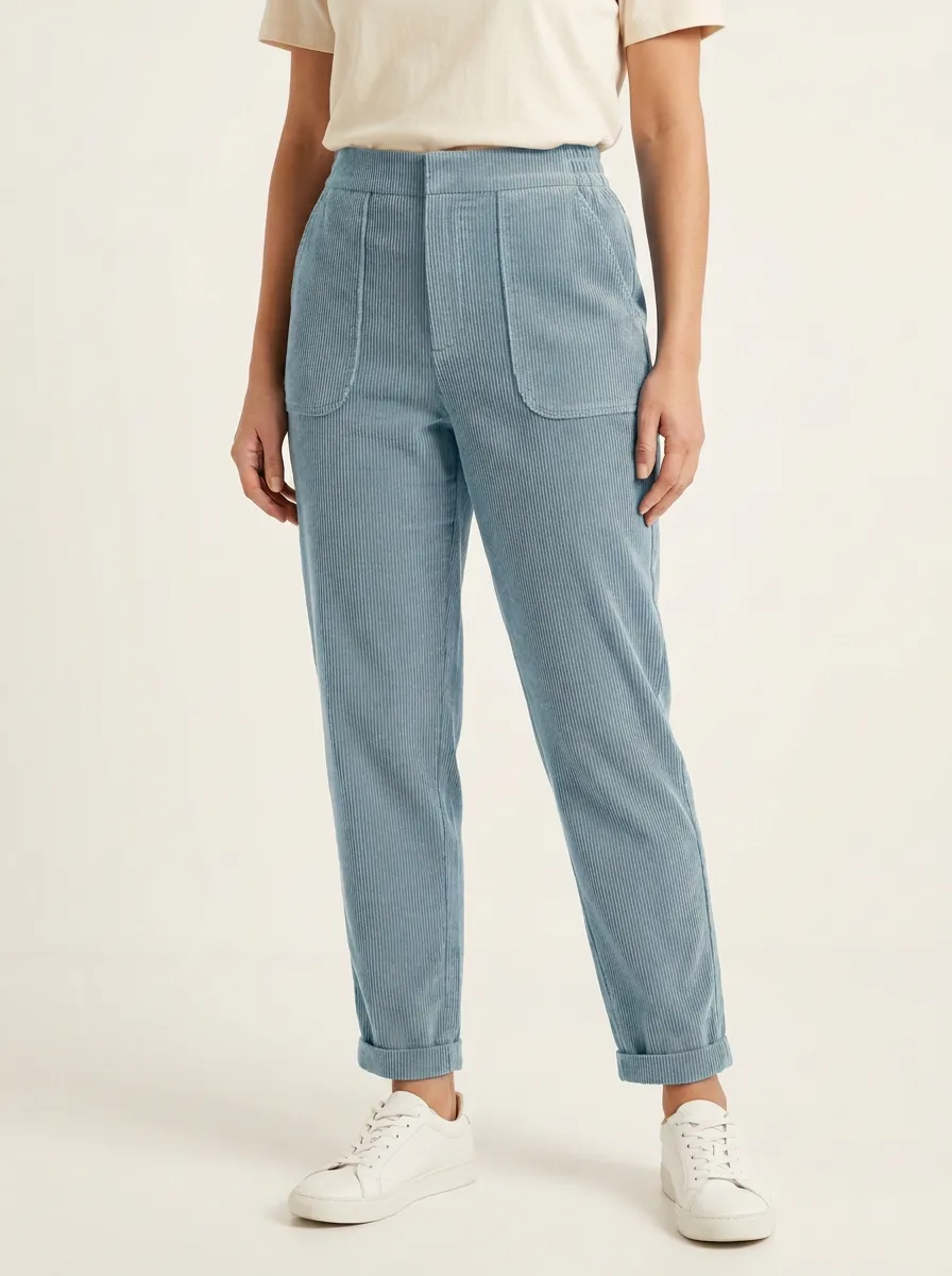 Women's High-Rise Patch-Pocket Cuffed Tapered Corduroy Pants