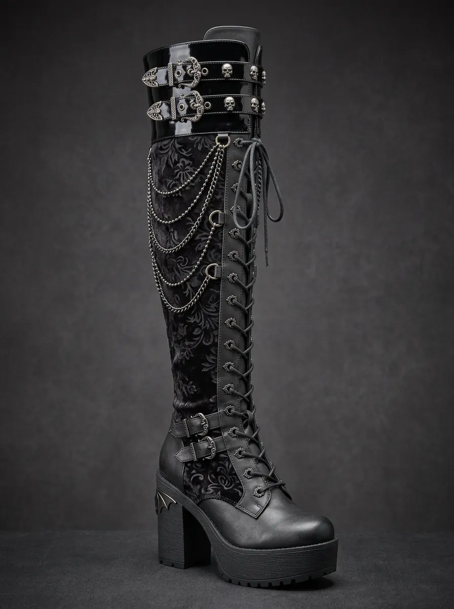 Classic Gothic Skull Floral Lace Dark Look Women's Gothic Platform Boots