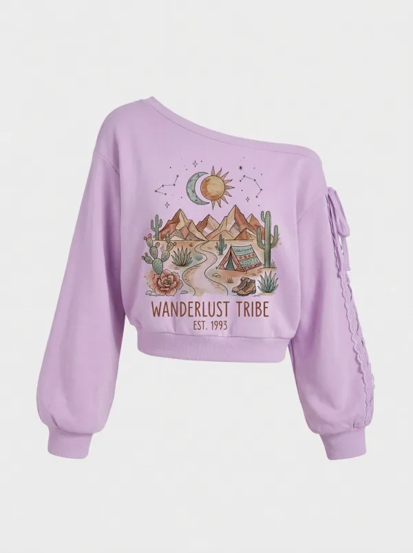 Women's Wanderlust Camping Desert Graphic Off-Shoulder Sweatshirt