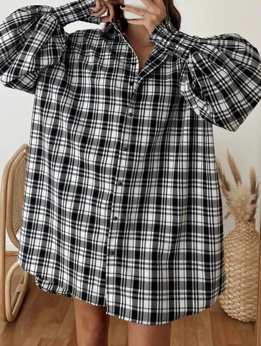 Plaid Lantern Sleeve Shirt