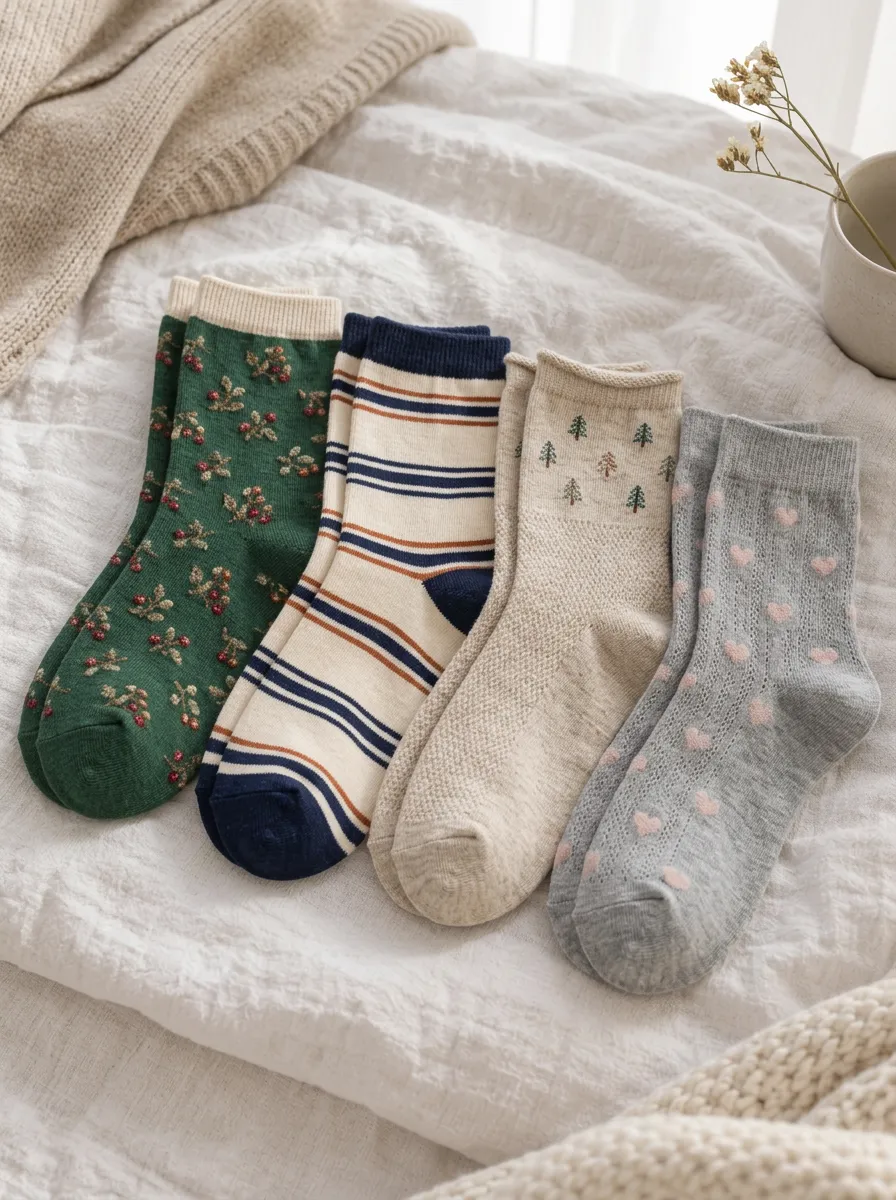 Women's Winter Nature Lover Floral Stripe Pine Heart Printed Socks Set
