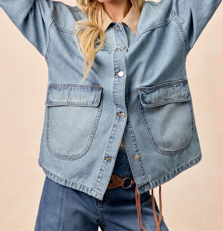 Washed Denim Jacket with Contrast Collar Detail