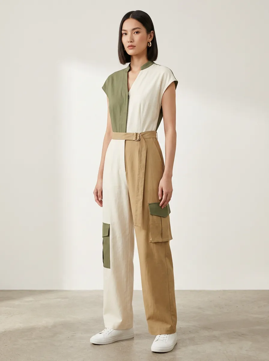 Women's Casual Style Colorblock Cargo Belted Jumpsuit