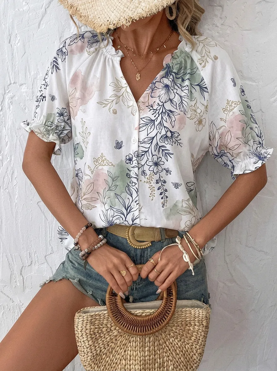 Women's Floral Butterfly Botanical Printed V-Neck Blouse