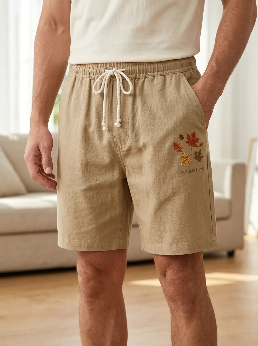 Embroidered Leaf Detail Drawstring Elastic Waist Shorts