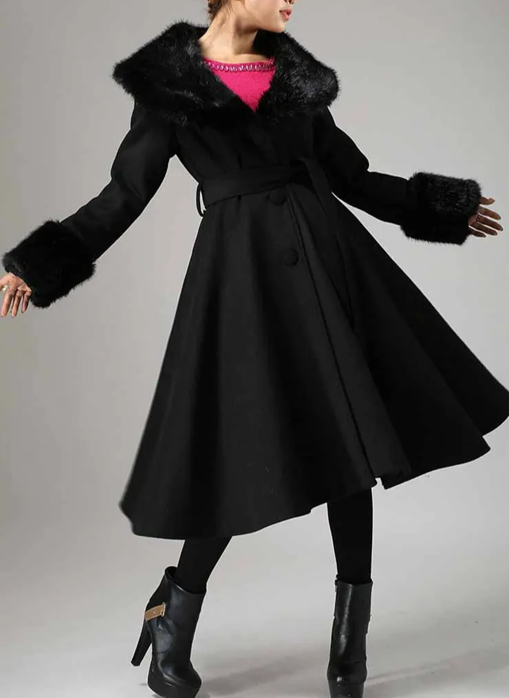 Refined Wool Blend A Line Single Breasted Belted Pocketed Long Coat