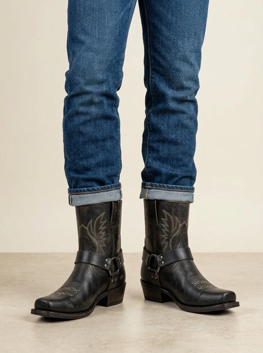 Men's Western Cowboy Embroidered Harness Printed Cowboy Boots