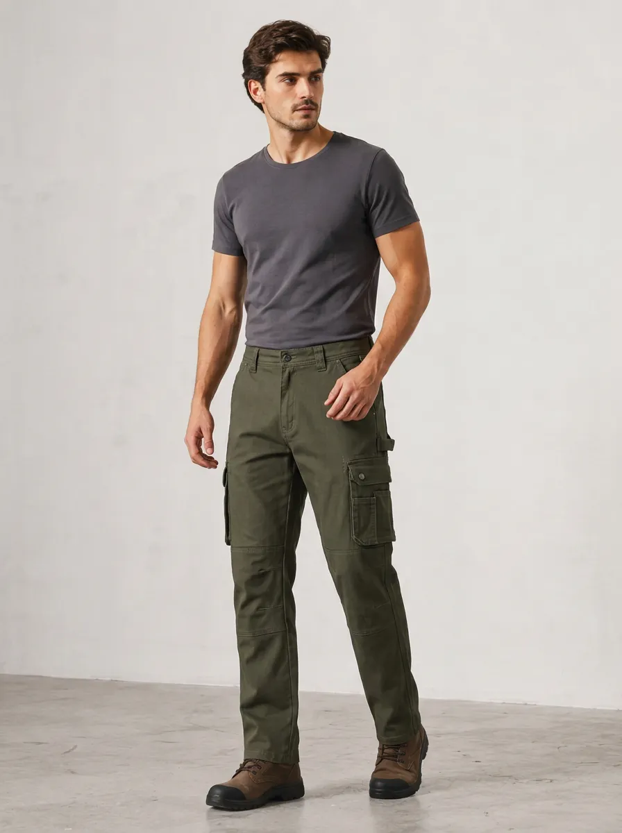 Men's Olive Green Utility Cargo Pants with Multi Pocket Detail