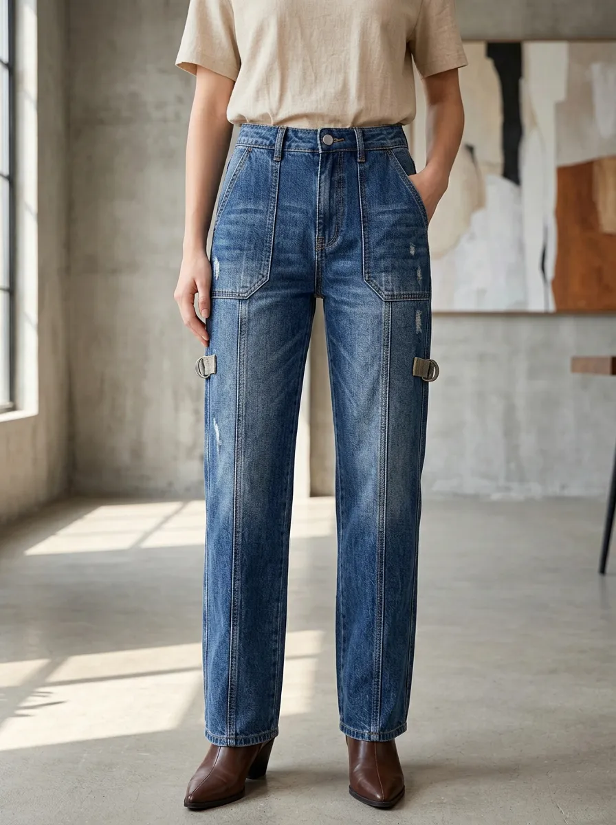 Women's Casual Fashion High-Waisted Distressed Denim Cargo Pants