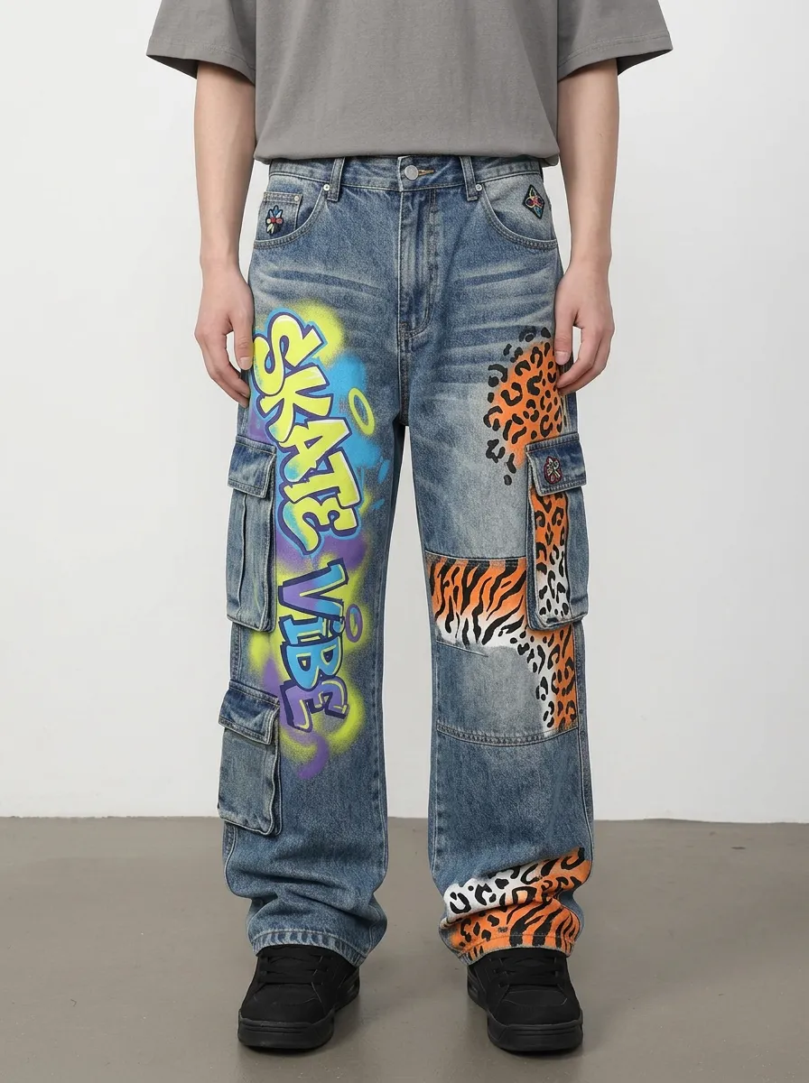 Men's Skate Vibe Graffiti Animal Print Graphic Cargo Jeans