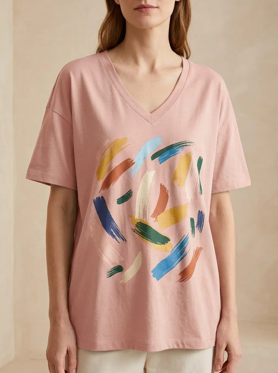 Women's Abstract Art Colorful Brushstroke Printed V-Neck T-Shirt Relaxed Design