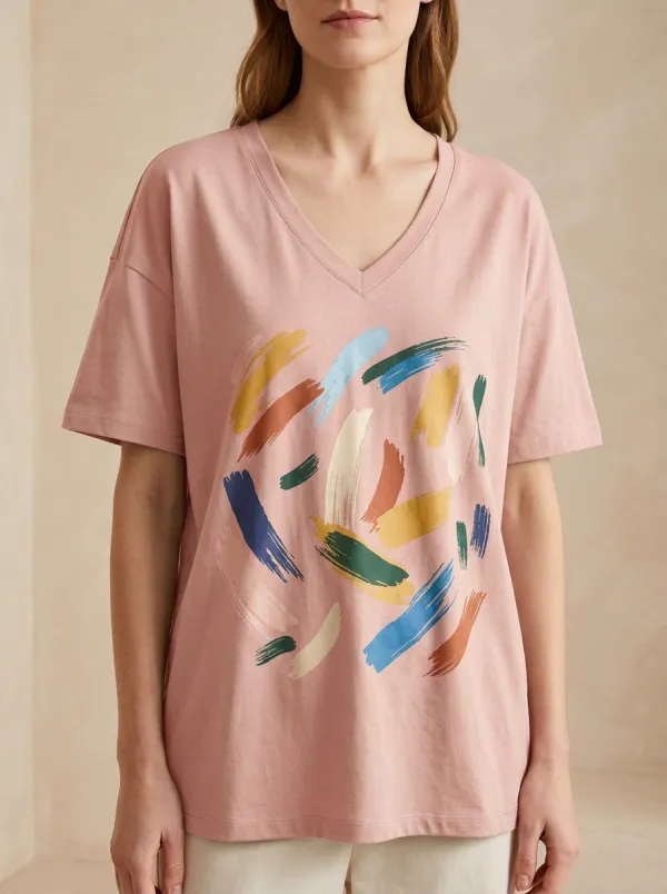 Women's Abstract Art Colorful Brushstroke Printed V-Neck T-Shirt Relaxed Design