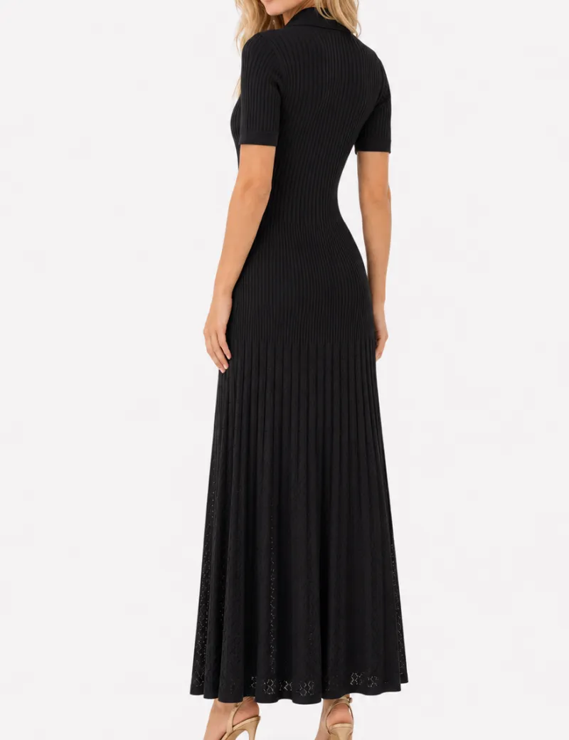Chic Ribbed Polo Collar Short Sleeves Maxi Dress
