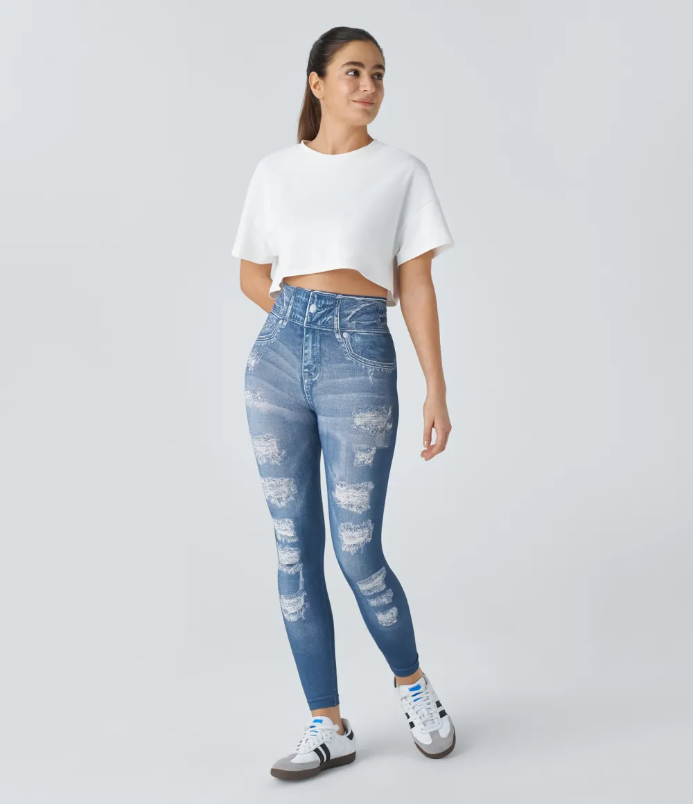 Seamless Flow High Waisted Denim Print Casual Leggings