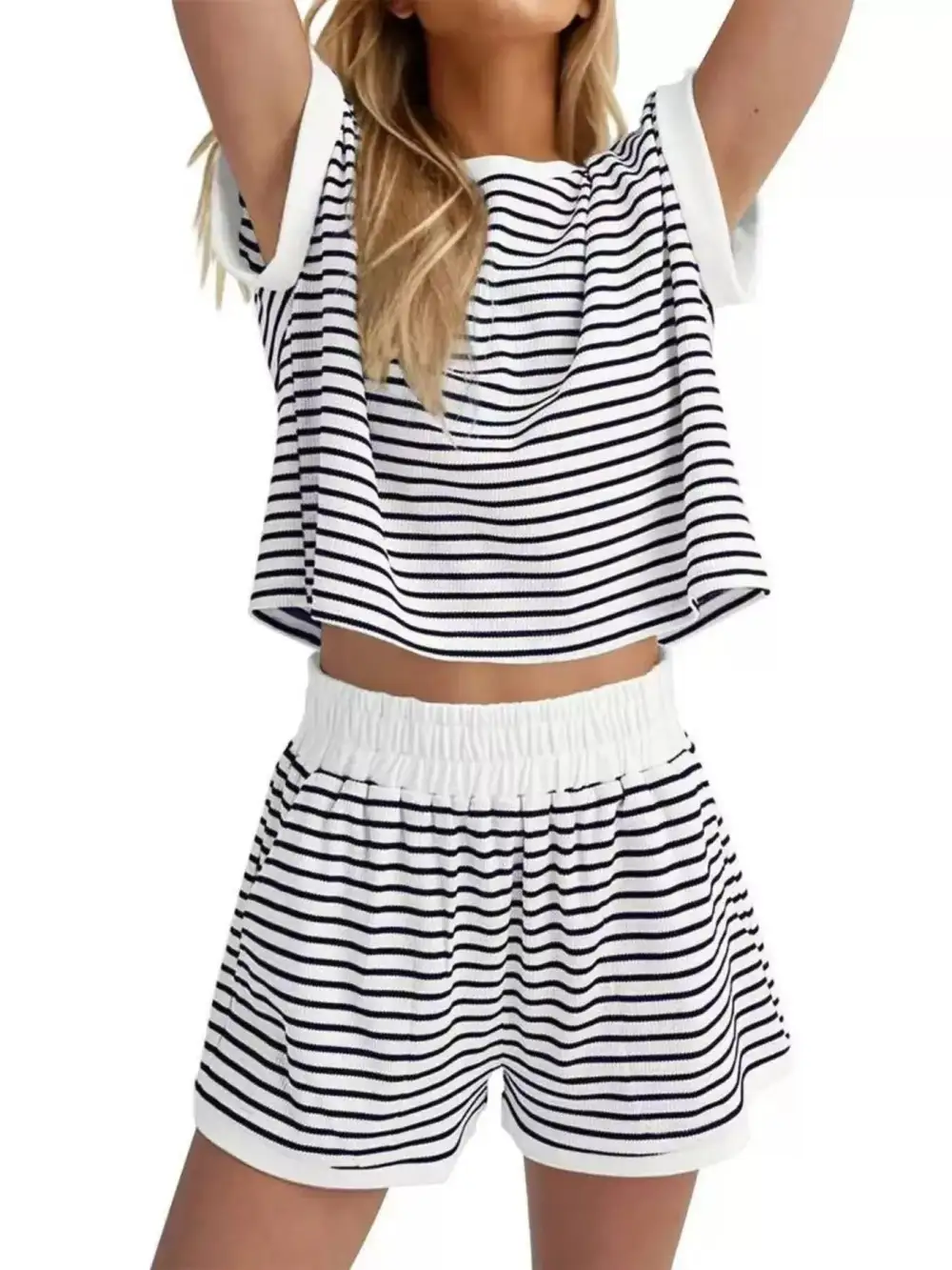 Striped Round Neck Top and Shorts Set