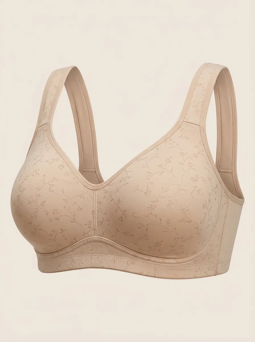 Women's Plus Size Beige Floral Full-Coverage Wide-Strap Wireless Bra