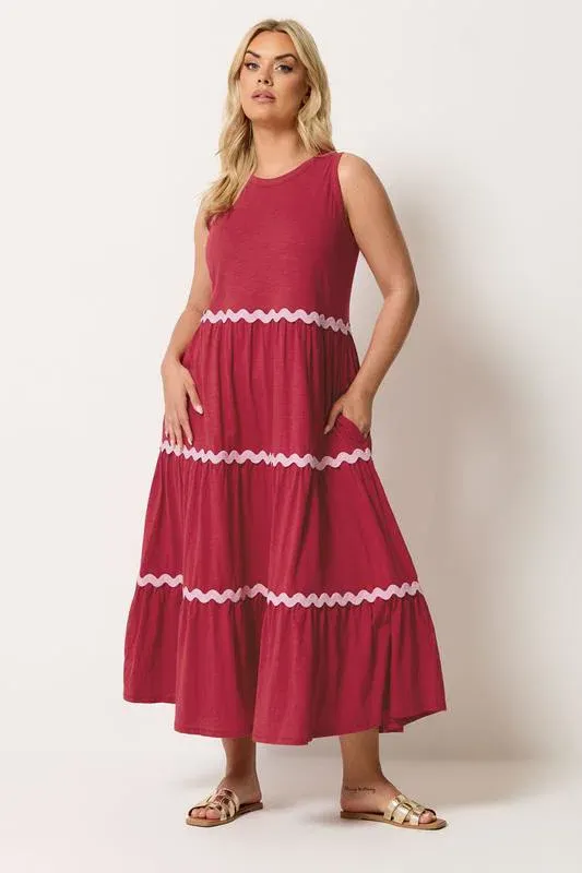 Red Swirl Trim Tiered Maxi Dress