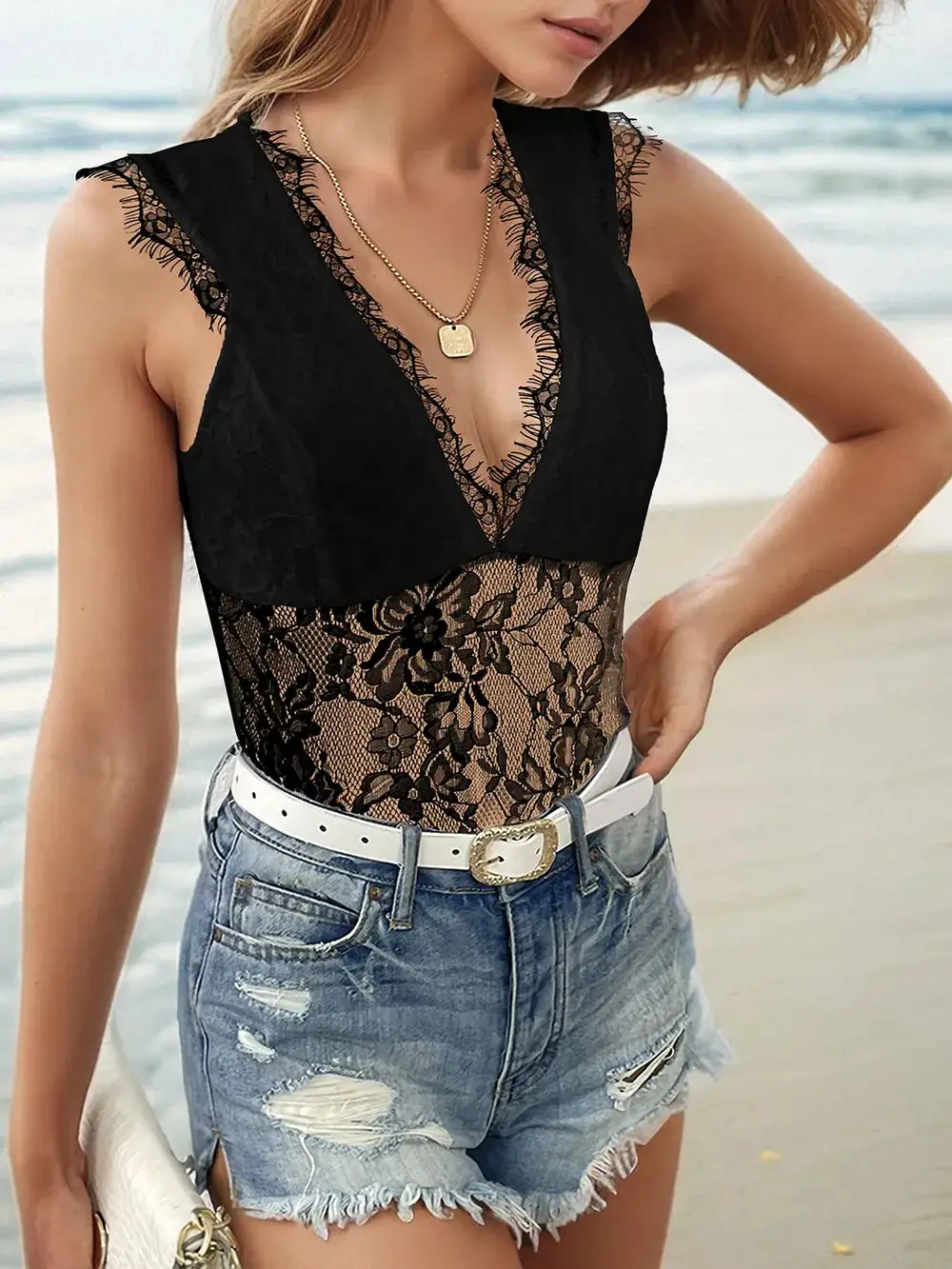 Polyester-Blend Lace Sheer Backless Sleeveless Bodysuit