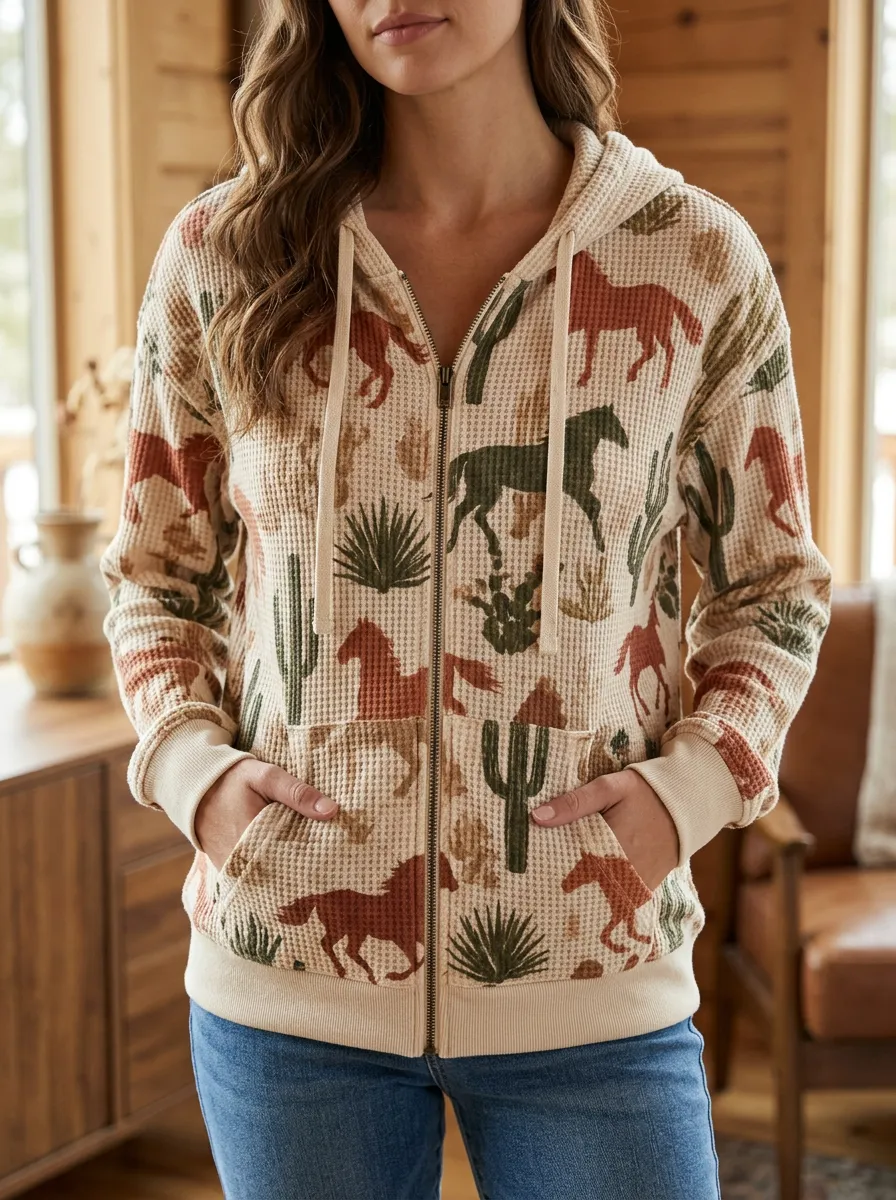 Women's Western Horse Cactus Signature Graphic Waffle Zip-Up Hoodie