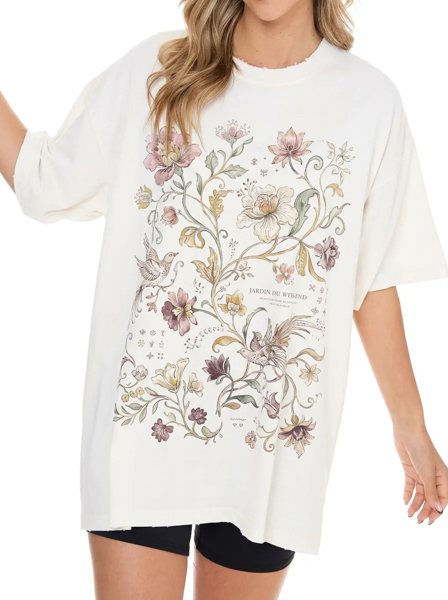 Women's Botanical Bird Garden Floral Printed T-shirt
