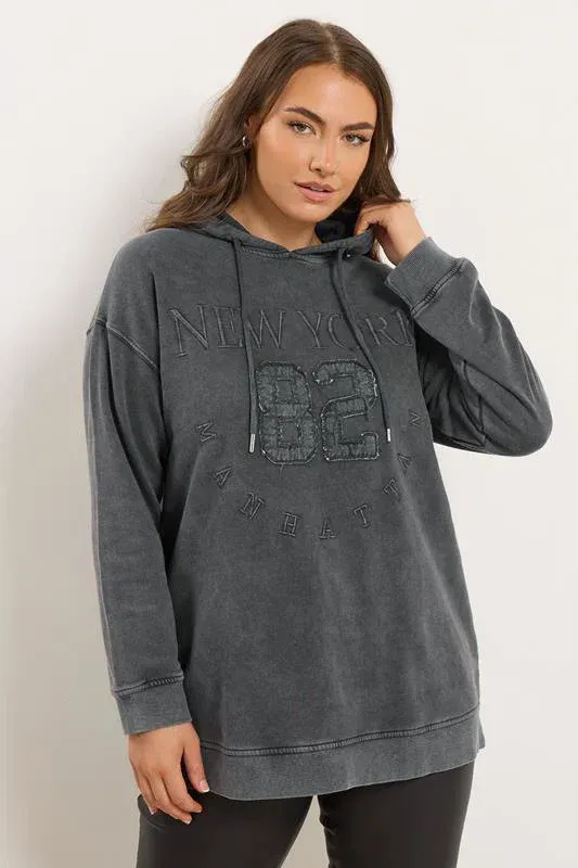 Charcoal Grey 'New York' Embroidered Slogan Hoodie
