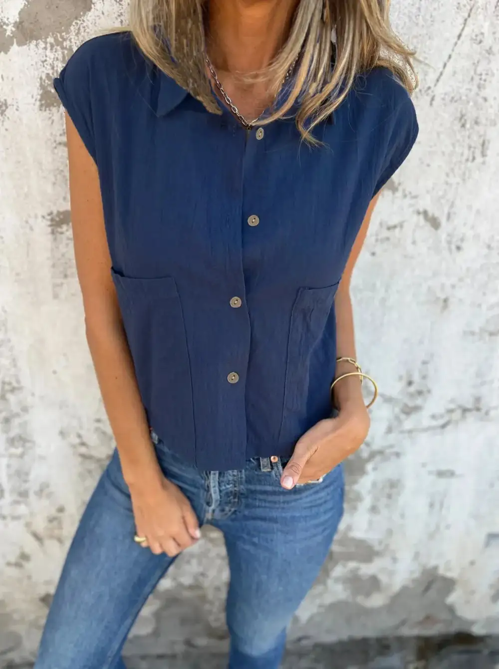 Plus Size Button Down Cap Sleeve Linen Shirt