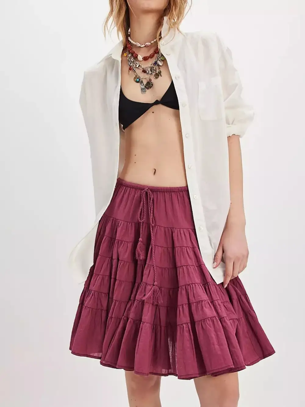Smooth Drawstring Tiered Skirt