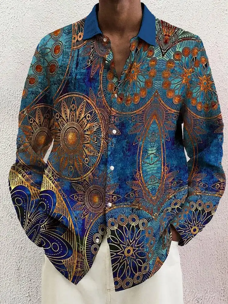 Open Collar Cotton Linen Printed Shirt