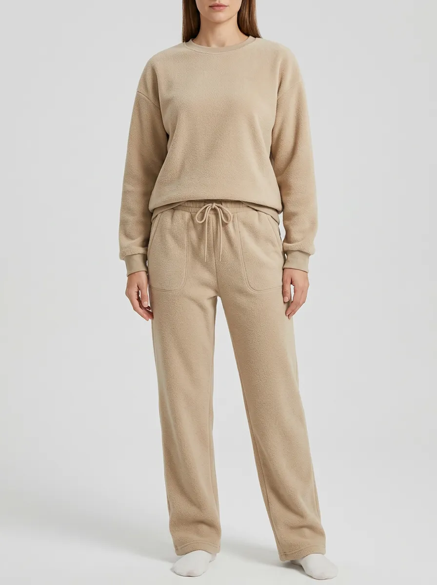 Women's Drop-Shoulder Crewneck Sweatshirt And Patch-Pocket Fleece Lounge Set