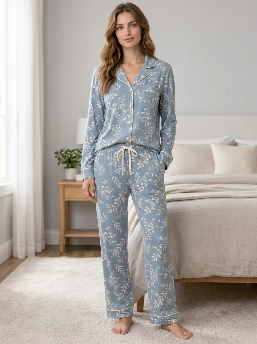 Women's Printed Pajama Set with Botanical Leaf Button-Down Top Long Sleeve Short Sleeve Straight-Leg Pants
